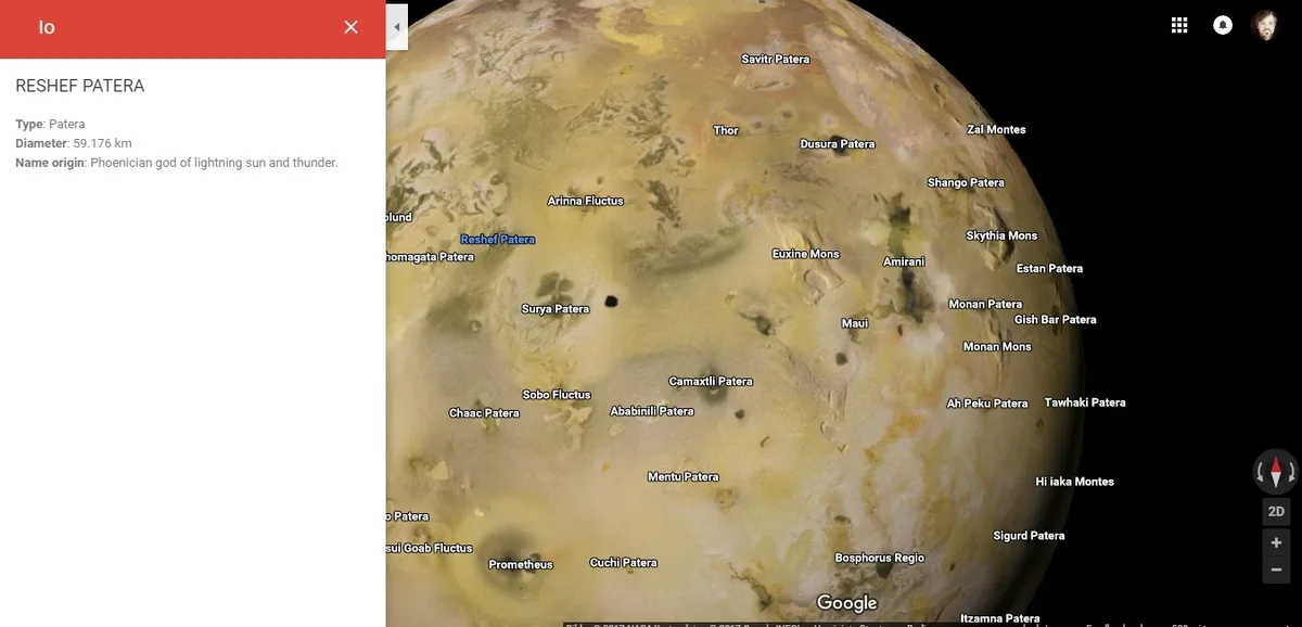 Jupiter-Mond Io in Google Maps Space. Screenshot: Google Maps Space
